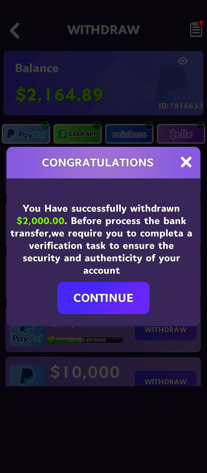 Verification task message displayed after reaching payout threshold
